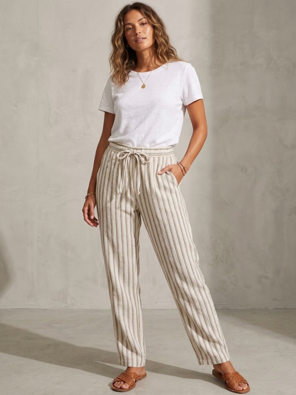 Striped Drawstring Linen-Blend Pants in Beige